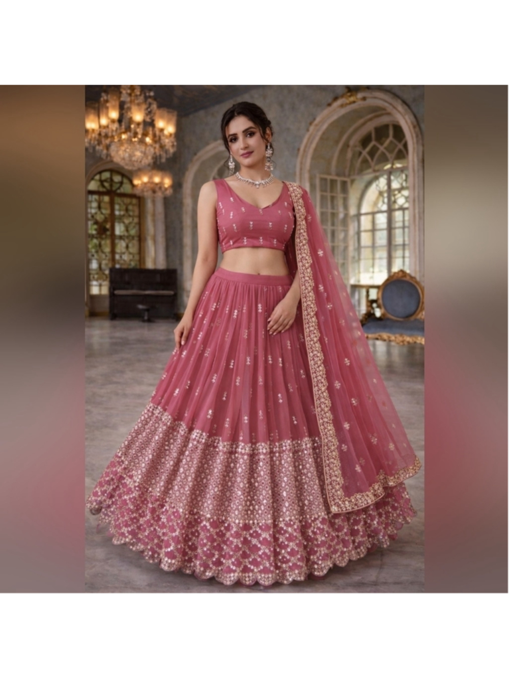 Pink Sequin Zari Embroidery Work Lehenga Choli - Size 6
